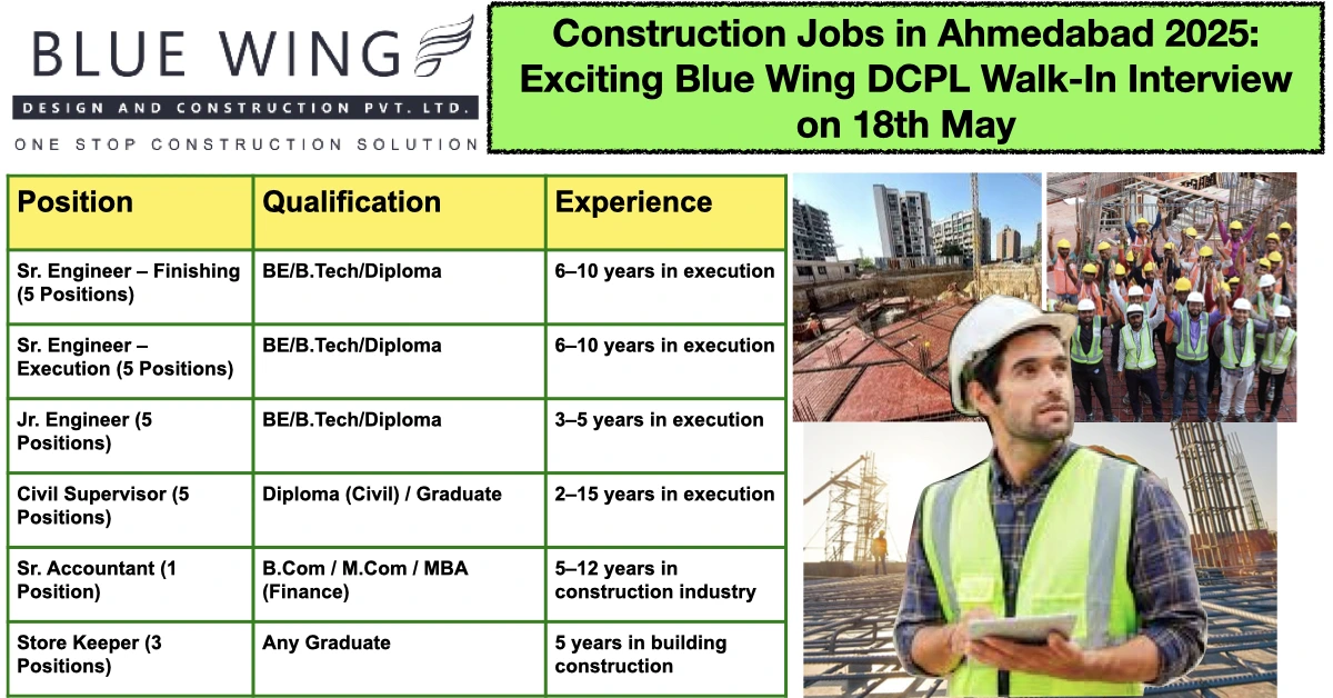Construction Jobs in Ahmedabad 2025: Exciting Blue Wing DCPL Walk-In Interview on 18th May