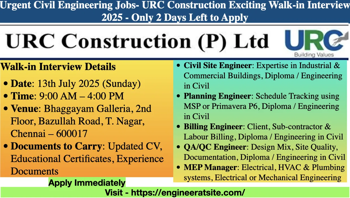 Urgent Civil Engineering Jobs- URC Construction Exciting Walk-in Interview 2025 - Only 2 Days Left to Apply